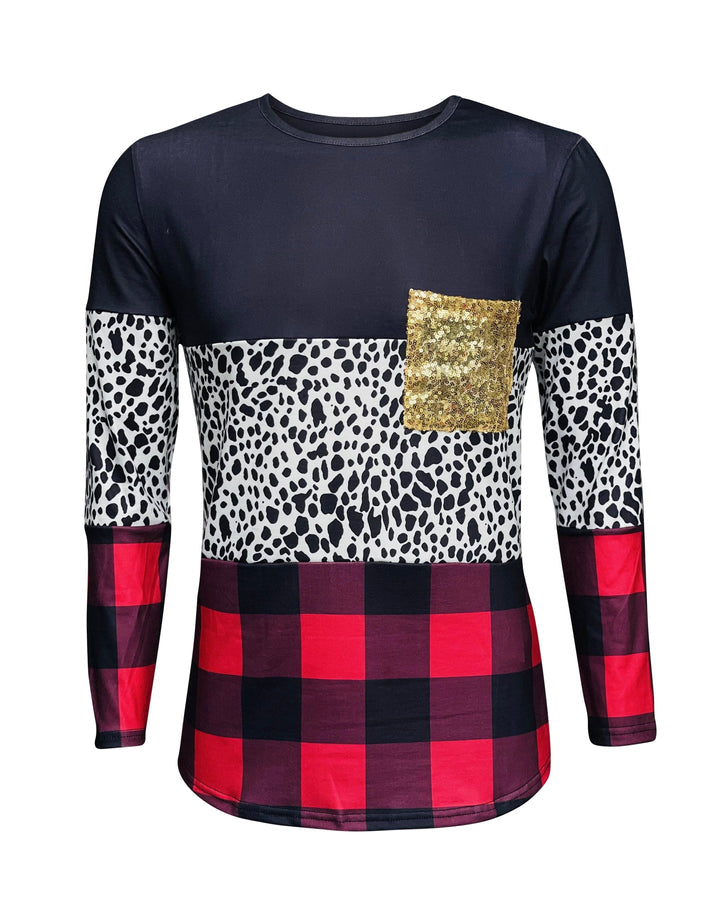 COLOR BLOCK BLACK COW PLAID SEQUIN TOP