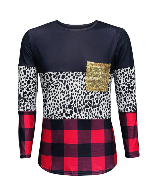 COLOR BLOCK BLACK COW PLAID SEQUIN TOP
