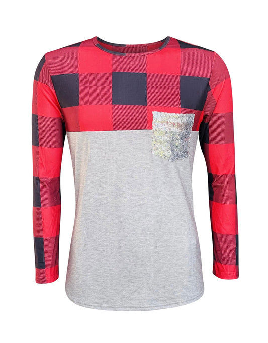 COLOR BLOCK GRAY PLAID SEQUIN TOP
